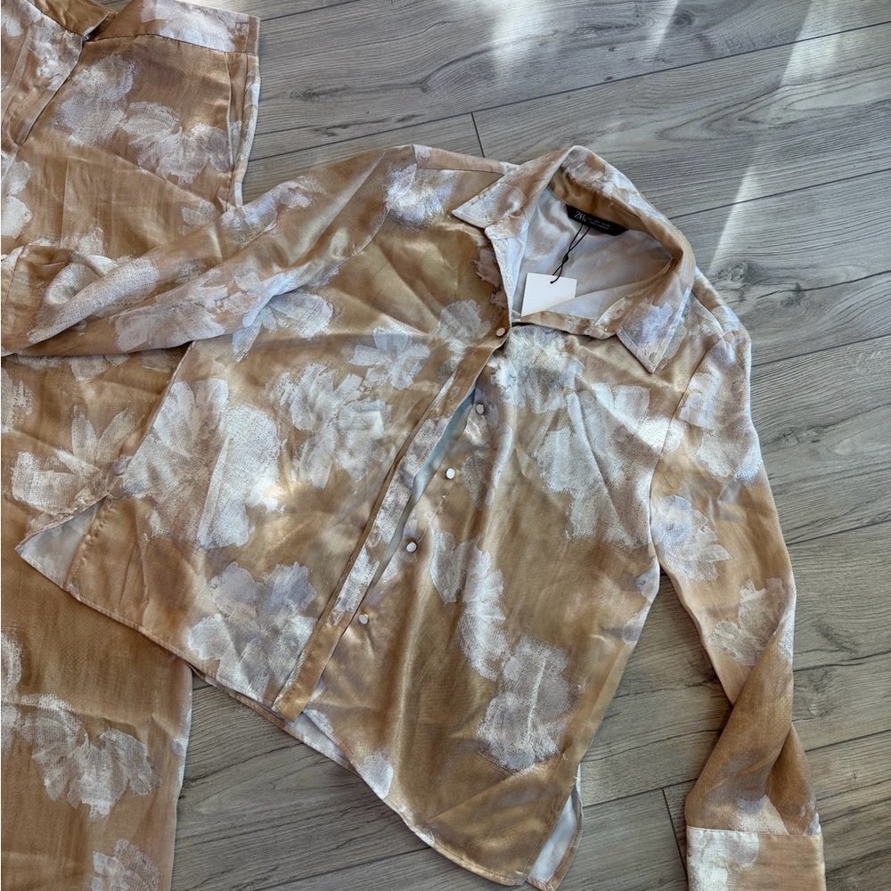 Zara Tan and White Floral Wide-Leg Pants & top - Picture 2 of 10